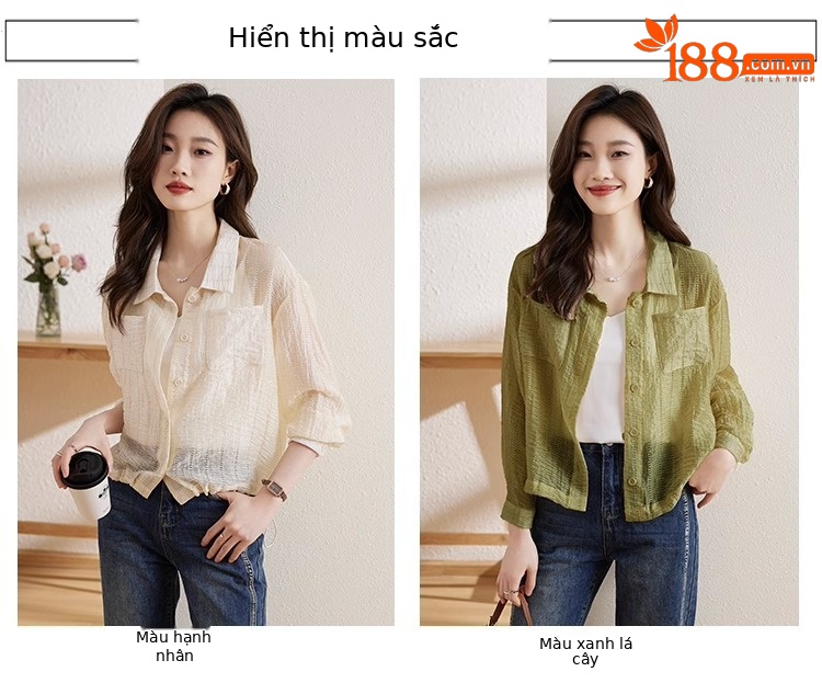 Áo khoác chống nắng nữ dáng dài tay dài xếp ly nhẹ — Màu xanh lá chi tiết 1
