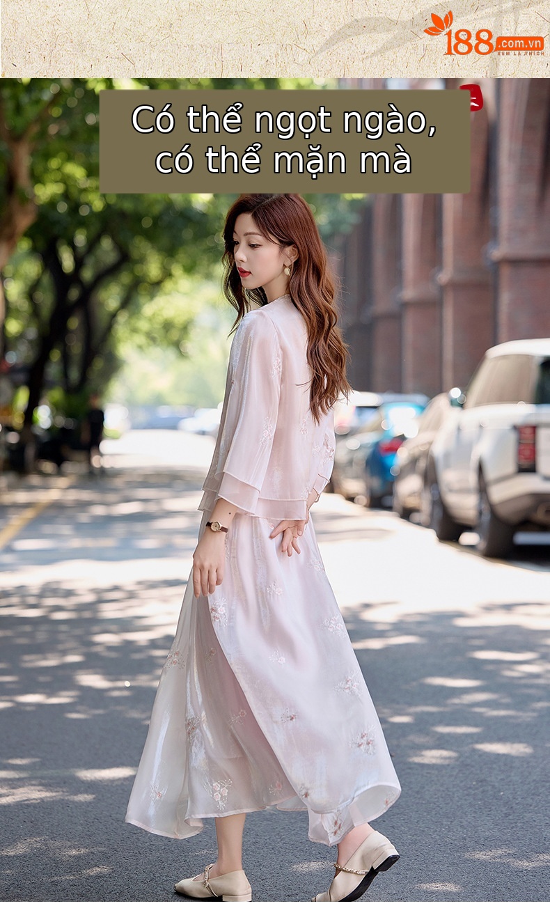 Bộ đầm maxi nữ thắt eo phong cách Trung Hoa mới tay ngắn cổ đứng — Màu như hình chi tiết 5