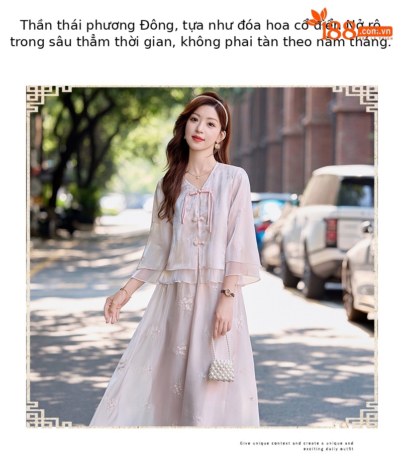 Bộ đầm maxi nữ thắt eo phong cách Trung Hoa mới tay ngắn cổ đứng — Màu như hình chi tiết 6