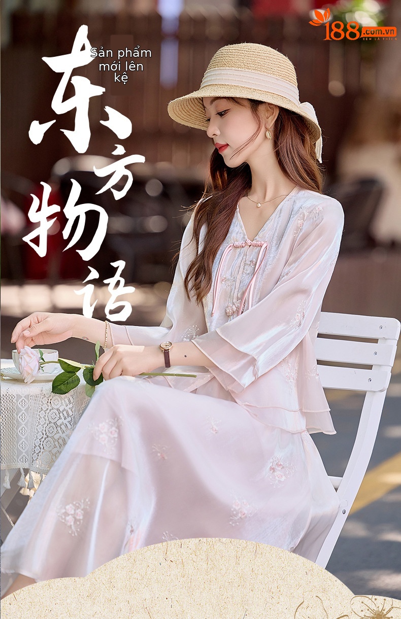 Bộ đầm maxi nữ thắt eo phong cách Trung Hoa mới tay ngắn cổ đứng — Màu như hình chi tiết 1