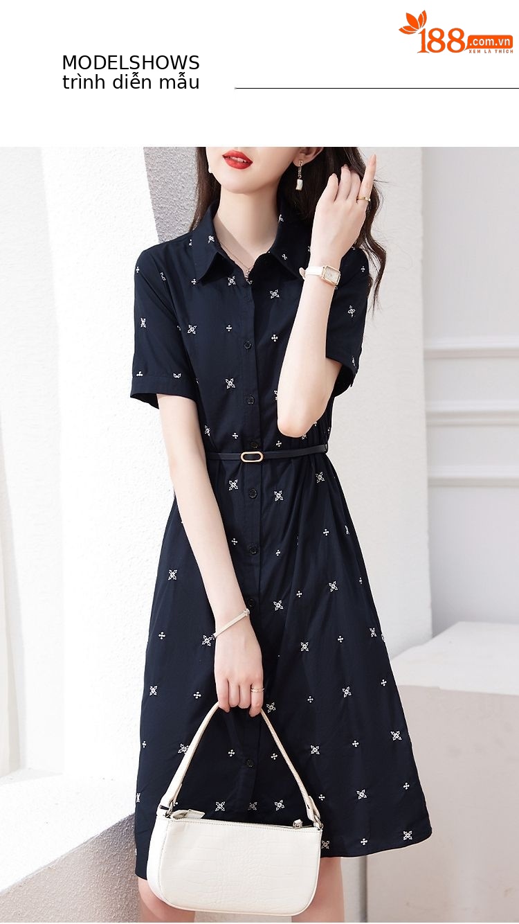 Váy sơ mi nữ cổ POLO tay ngắn in họa tiết thắt eo — màu xanh hải quân chi tiết 12