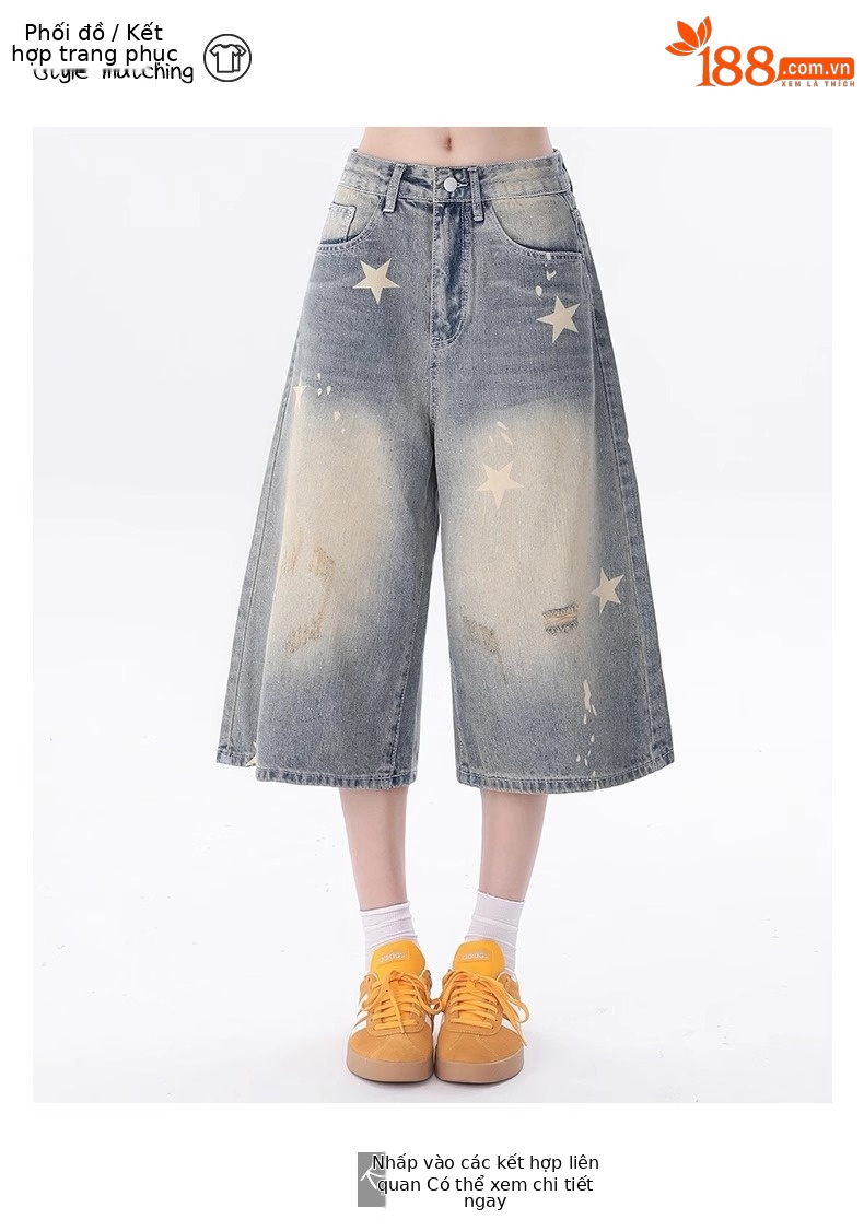 Quần short denim nữ phong cách Mỹ cổ điển, dáng rộng in hình ngôi sao — Màu xanh nhạt ([mẫu cao cấp, mềm mại và thoải mái hơn]) chi tiết 1