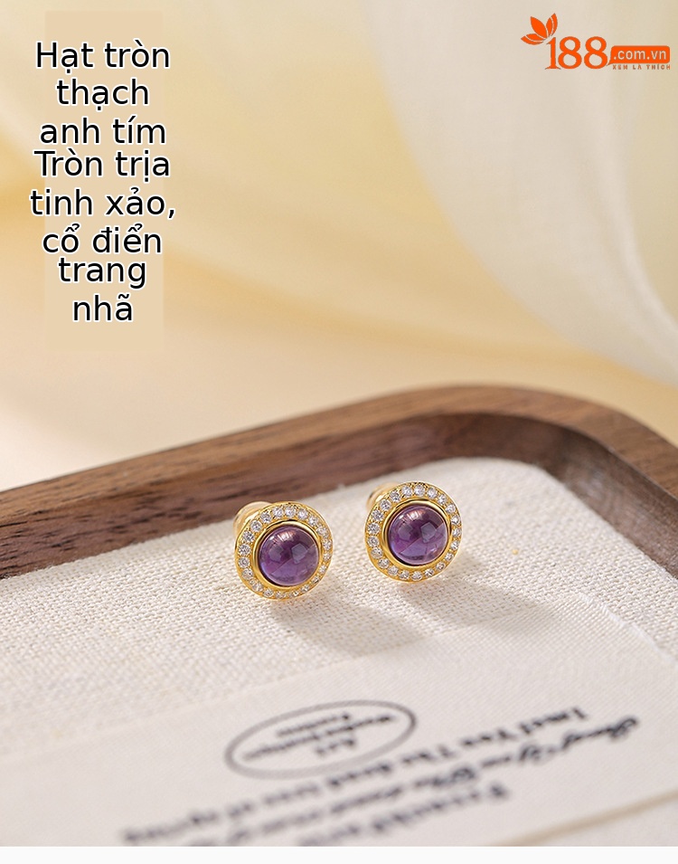 Bông tai bạc S925 đính đá thạch anh tím hạt tròn phong cách hình học — Một cặp chi tiết 1