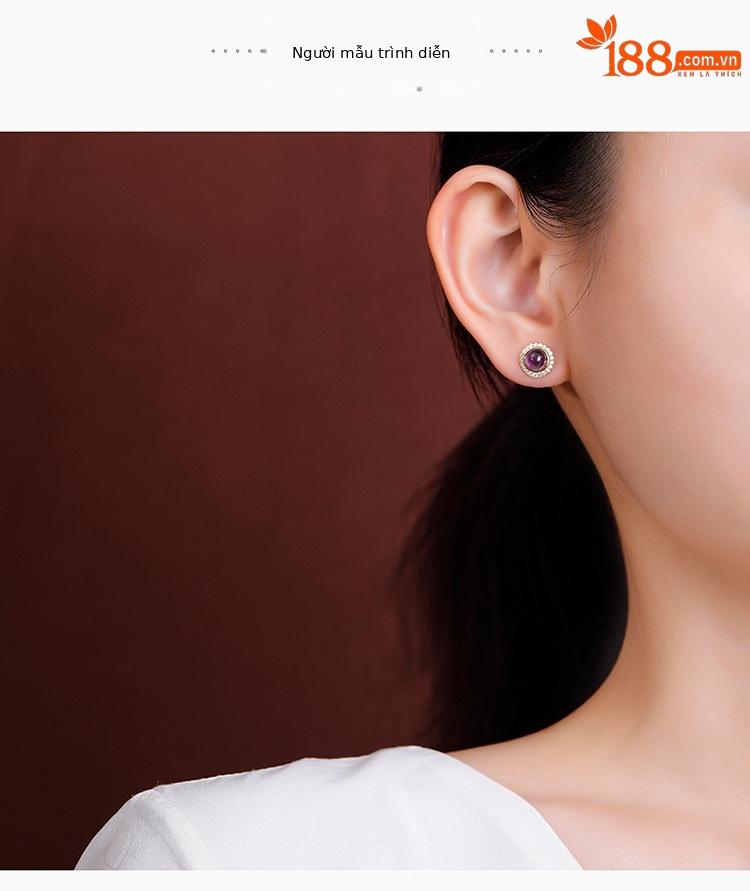 Bông tai bạc S925 đính đá thạch anh tím hạt tròn phong cách hình học — Một cặp chi tiết 3