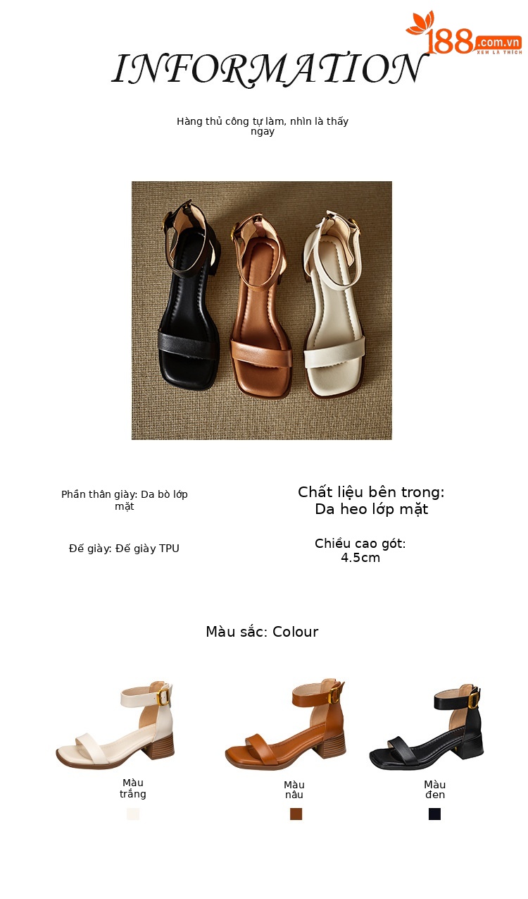 Sandal quai ngang cổ điển kiểu Pháp gót thô 5 cm cho nữ đi làm — Màu nâu, Màu đen, Màu trắng chi tiết 2