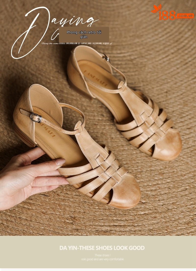 Sandal nữ mũi nhọn da bò quai chữ T gót thấp phong cách La Mã — nâu chi tiết 2
