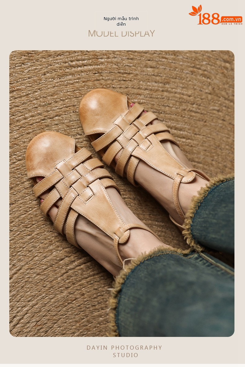 Sandal nữ mũi nhọn da bò quai chữ T gót thấp phong cách La Mã — nâu chi tiết 6