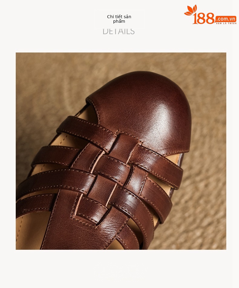 Sandal nữ mũi nhọn da bò quai chữ T gót thấp phong cách La Mã — nâu chi tiết 19