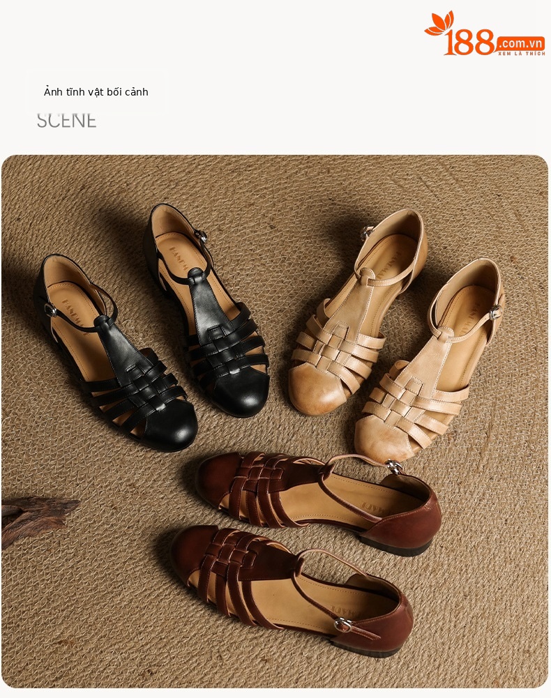 Sandal nữ mũi nhọn da bò quai chữ T gót thấp phong cách La Mã — nâu chi tiết 23