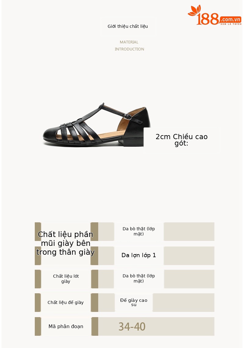 Sandal nữ mũi nhọn da bò quai chữ T gót thấp phong cách La Mã — nâu chi tiết 3