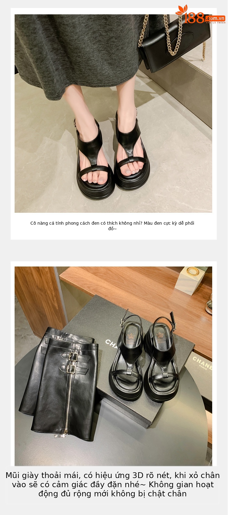 Sandal cao gót nữ hở mũi phong cách biker, đế dày 8cm, kiểu ống bọc La Mã — đen, Màu trắng nhạt chi tiết 6