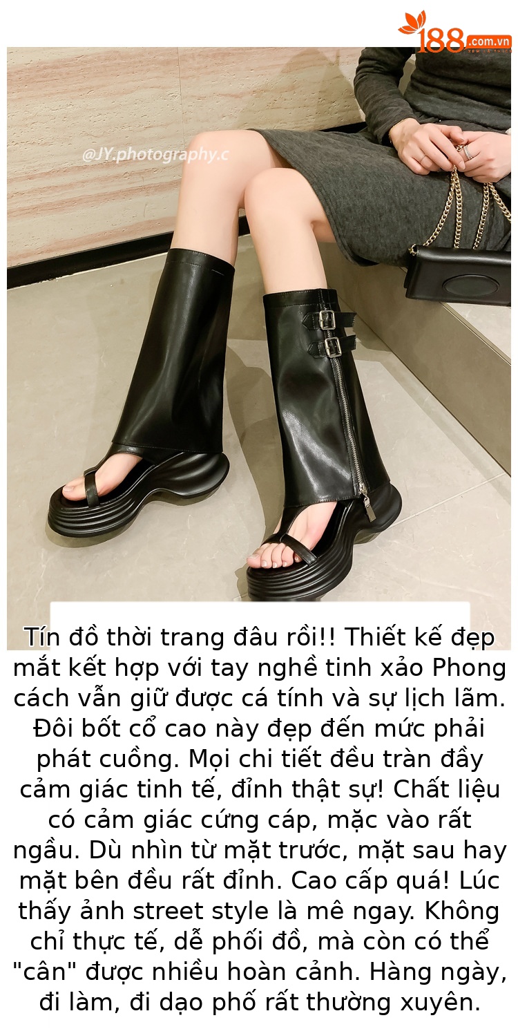Sandal cao gót nữ hở mũi phong cách biker, đế dày 8cm, kiểu ống bọc La Mã — đen, Màu trắng nhạt chi tiết 1