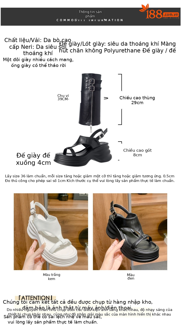 Sandal cao gót nữ hở mũi phong cách biker, đế dày 8cm, kiểu ống bọc La Mã — đen, Màu trắng nhạt chi tiết 3
