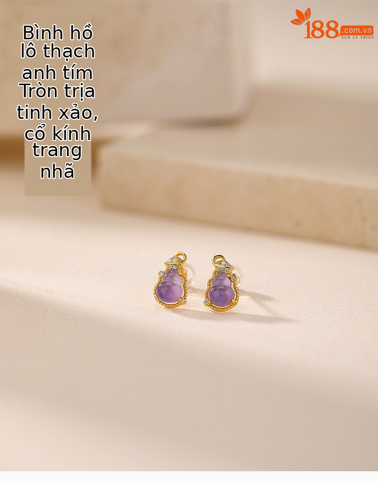 Bông tai nữ bạc S925 đính đá thạch anh tím tự nhiên hình quả bầu lá — Mẫu bạc chi tiết 1