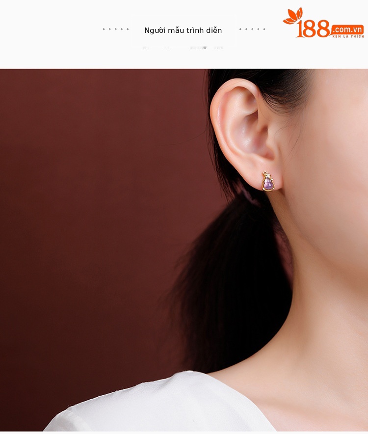 Bông tai nữ bạc S925 đính đá thạch anh tím tự nhiên hình quả bầu lá — Mẫu bạc chi tiết 5