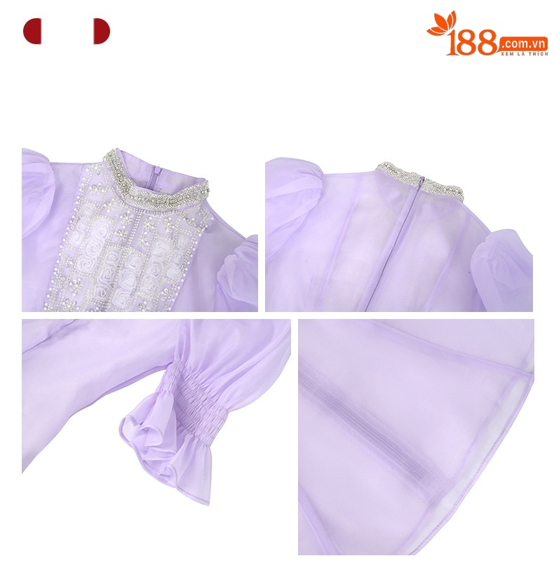 Áo kiểu tay phồng đính kim cương thắt eo thiết kế kiểu Pháp — Hoa violet chi tiết 2