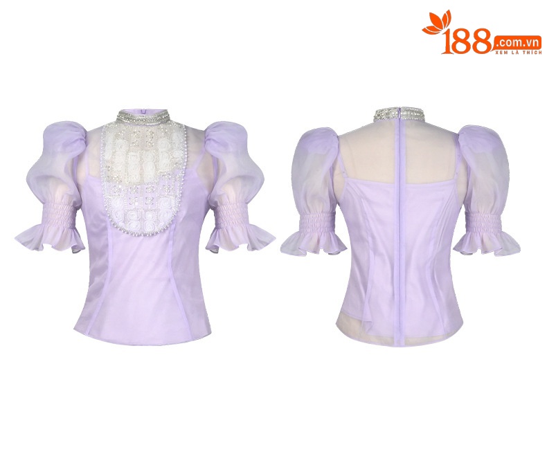 Áo kiểu tay phồng đính kim cương thắt eo thiết kế kiểu Pháp — Hoa violet chi tiết 3