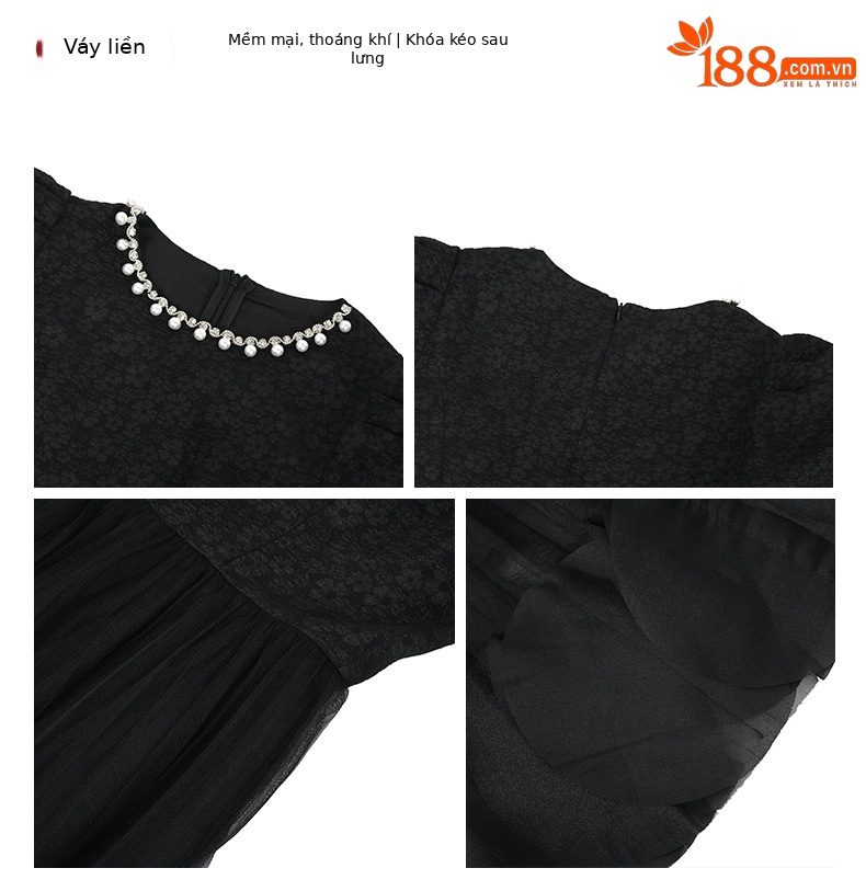 Váy dài maxi nữ thắt eo kiểu Pháp tay ngắn cổ tích — đen chi tiết 2