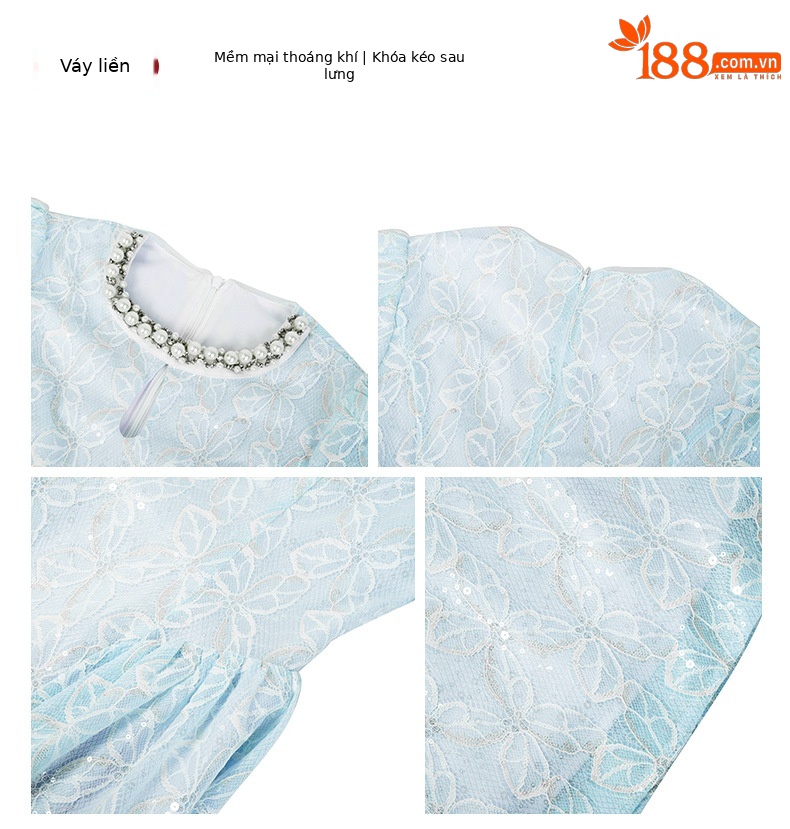 Đầm ren maxi nữ thắt eo tay ngắn dáng dài thiết kế thanh lịch — Màu mơ, Màu xanh nước biển chi tiết 3