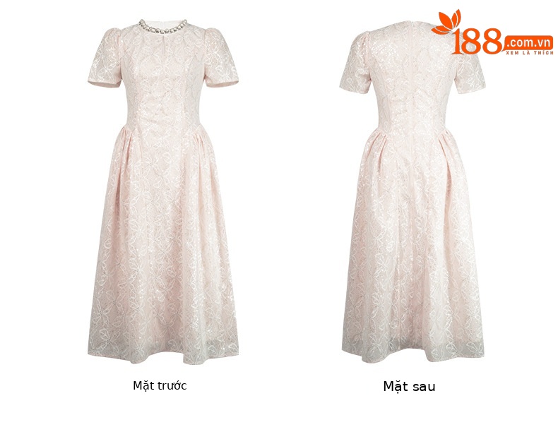 Đầm ren maxi nữ thắt eo tay ngắn dáng dài thiết kế thanh lịch — Màu mơ, Màu xanh nước biển chi tiết 5