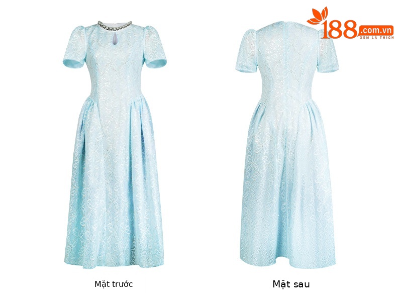 Đầm ren maxi nữ thắt eo tay ngắn dáng dài thiết kế thanh lịch — Màu mơ, Màu xanh nước biển chi tiết 6