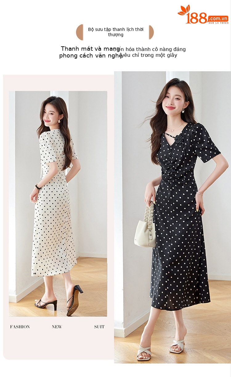 Đầm chấm bi tay phồng cổ V eo thắt dây dáng dài Z5627 — Màu đen, Màu trắng chi tiết 4