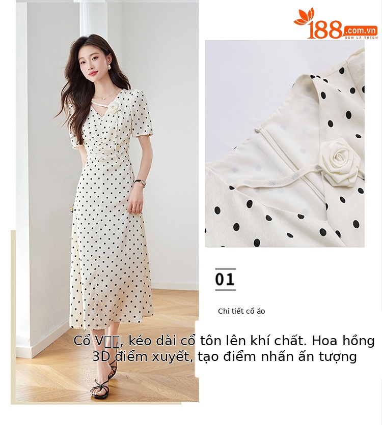 Đầm chấm bi tay phồng cổ V eo thắt dây dáng dài Z5627 — Màu đen, Màu trắng chi tiết 7