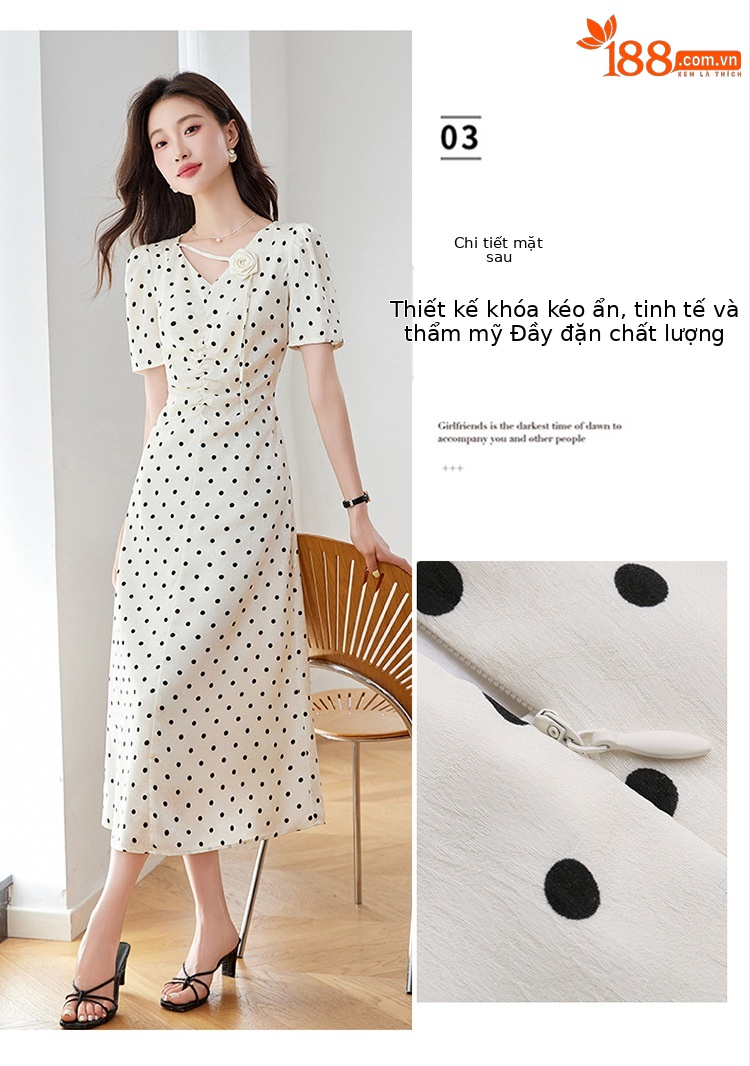 Đầm chấm bi tay phồng cổ V eo thắt dây dáng dài Z5627 — Màu đen, Màu trắng chi tiết 9