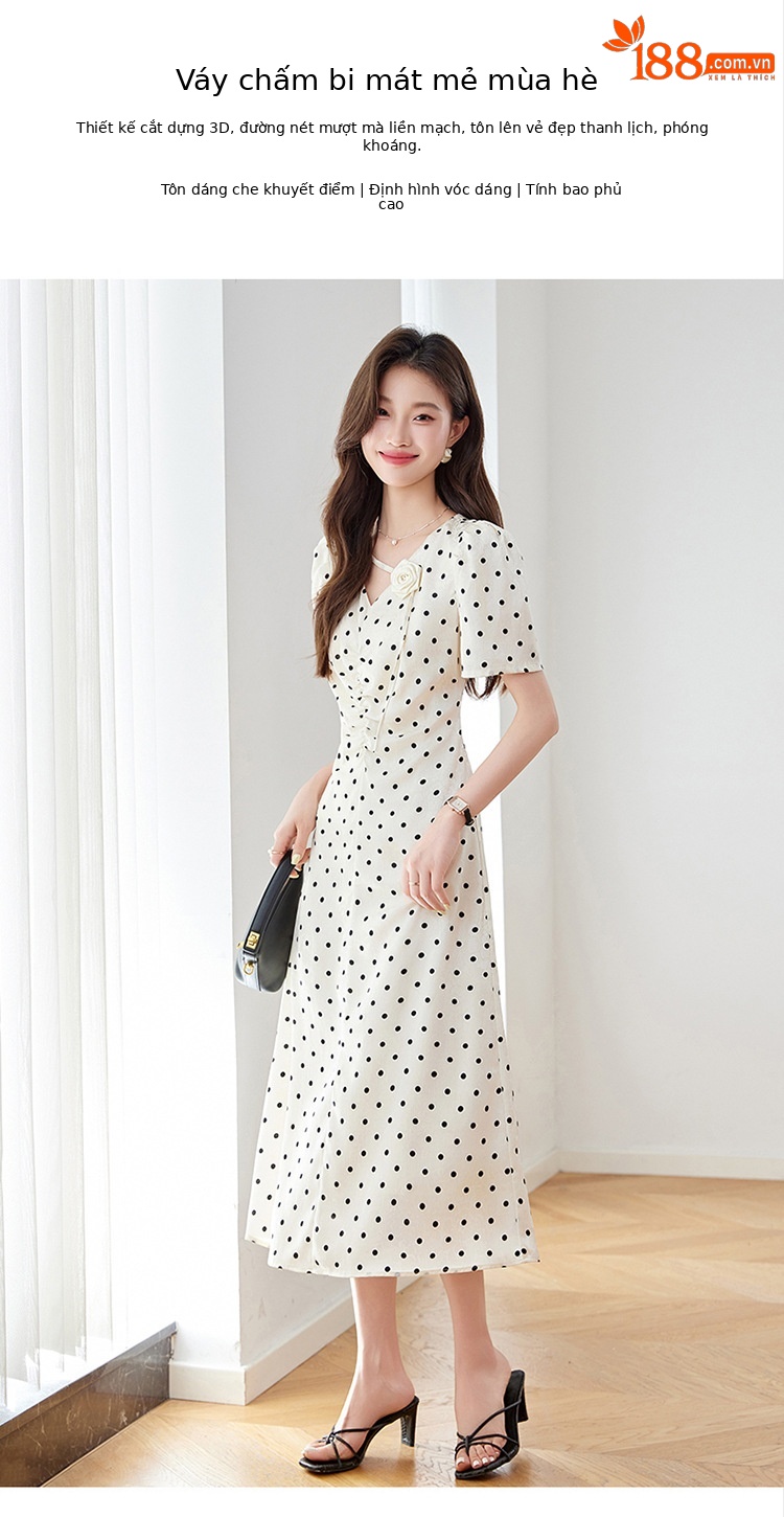 Đầm chấm bi tay phồng cổ V eo thắt dây dáng dài Z5627 — Màu đen, Màu trắng chi tiết 10