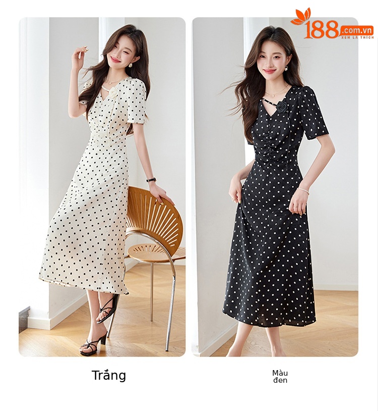 Đầm chấm bi tay phồng cổ V eo thắt dây dáng dài Z5627 — Màu đen, Màu trắng chi tiết 13