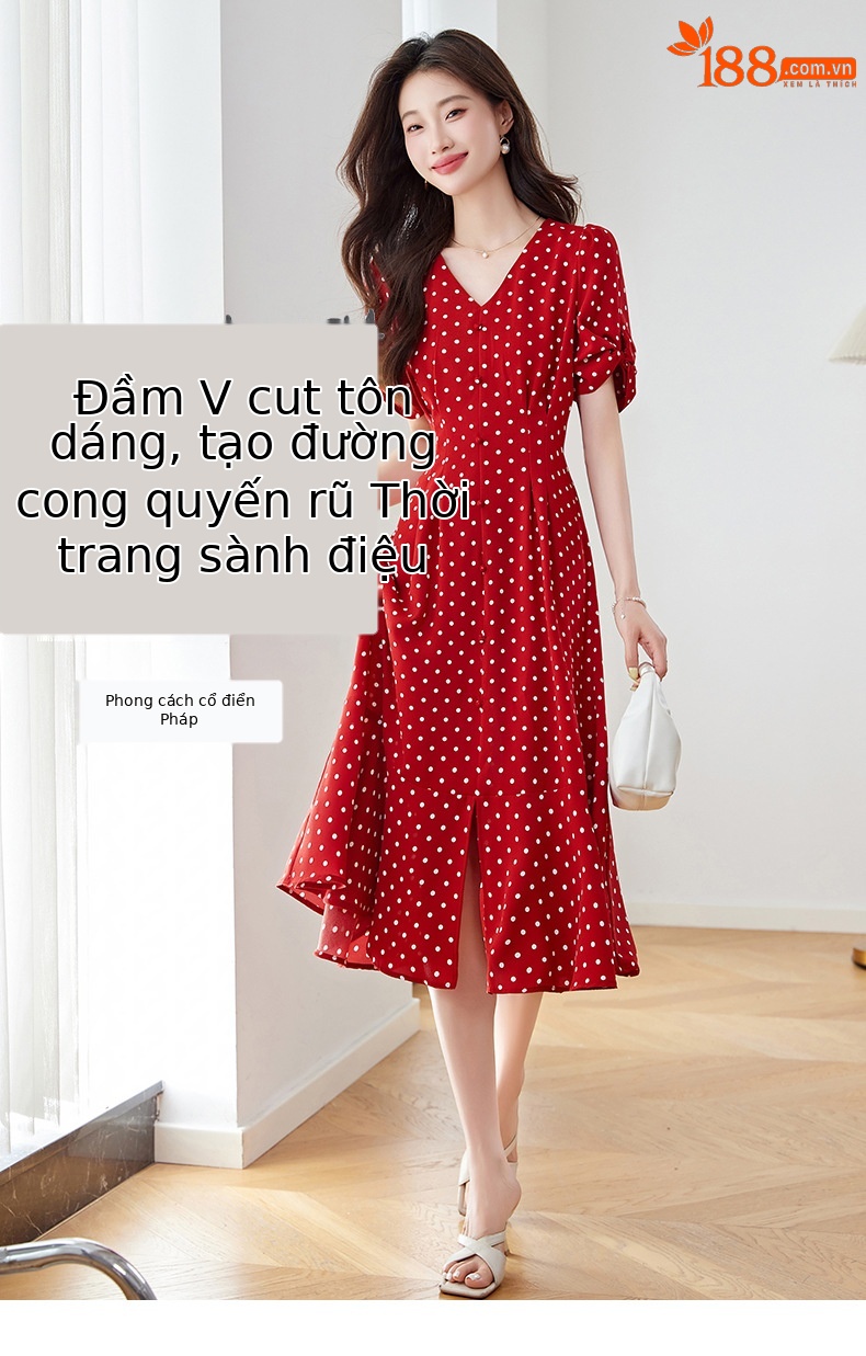 Váy liền chấm bi cổ chữ V dáng dài chiết eo thon gọn — Màu đen, Màu trắng, Màu đỏ chi tiết 1