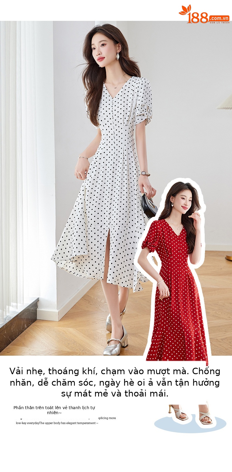 Váy liền chấm bi cổ chữ V dáng dài chiết eo thon gọn — Màu đen, Màu trắng, Màu đỏ chi tiết 4
