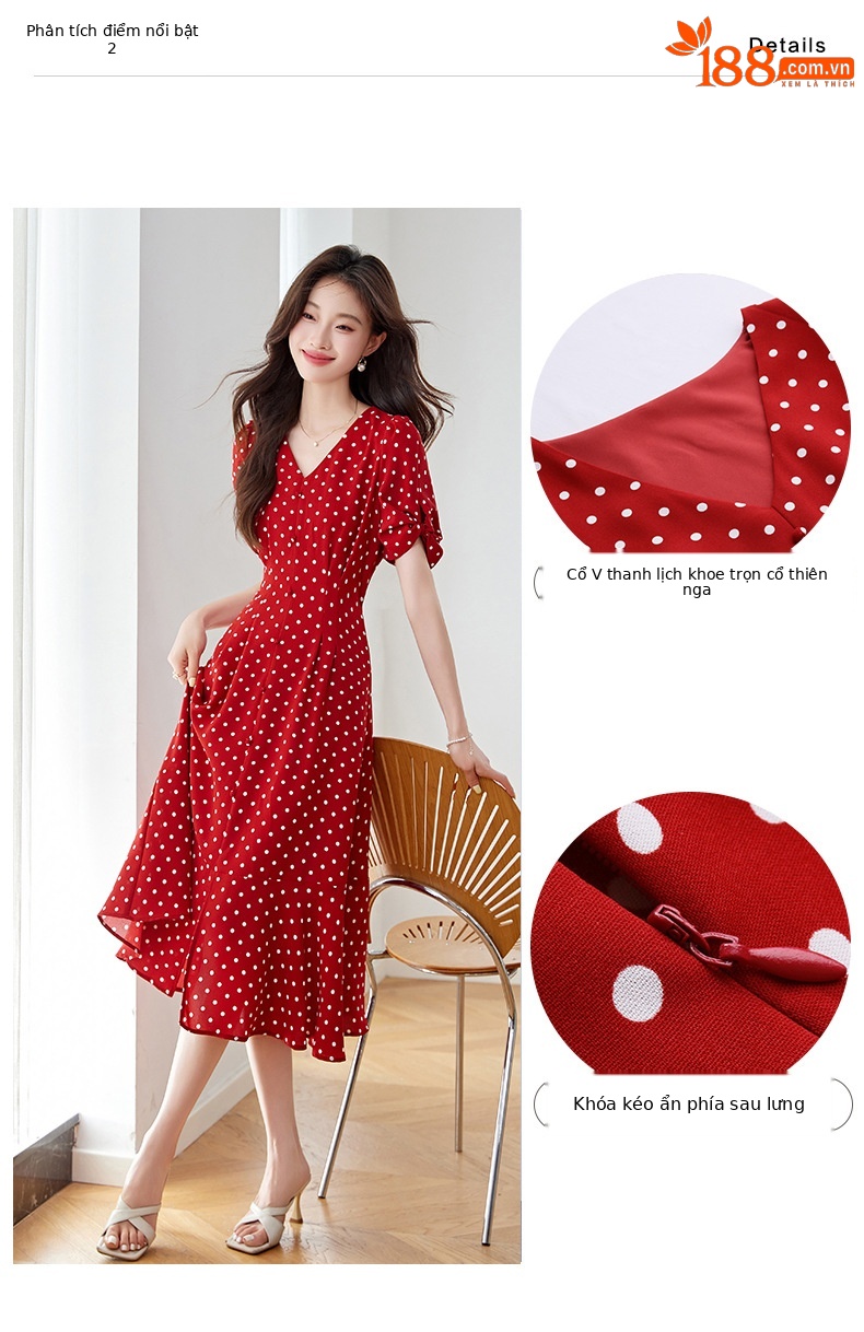 Váy liền chấm bi cổ chữ V dáng dài chiết eo thon gọn — Màu đen, Màu trắng, Màu đỏ chi tiết 5