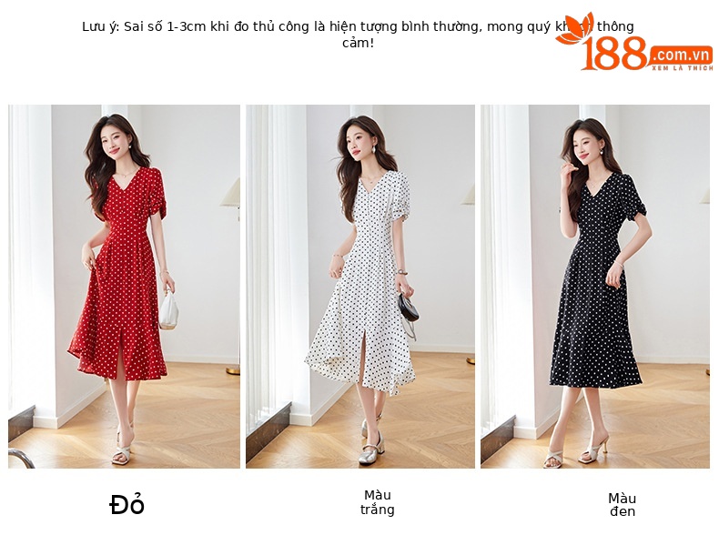 Váy liền chấm bi cổ chữ V dáng dài chiết eo thon gọn — Màu đen, Màu trắng, Màu đỏ chi tiết 10