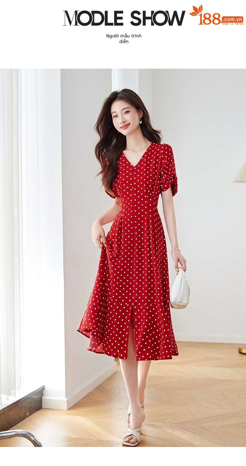 Váy liền chấm bi cổ chữ V dáng dài chiết eo thon gọn — Màu đen, Màu trắng, Màu đỏ chi tiết 11