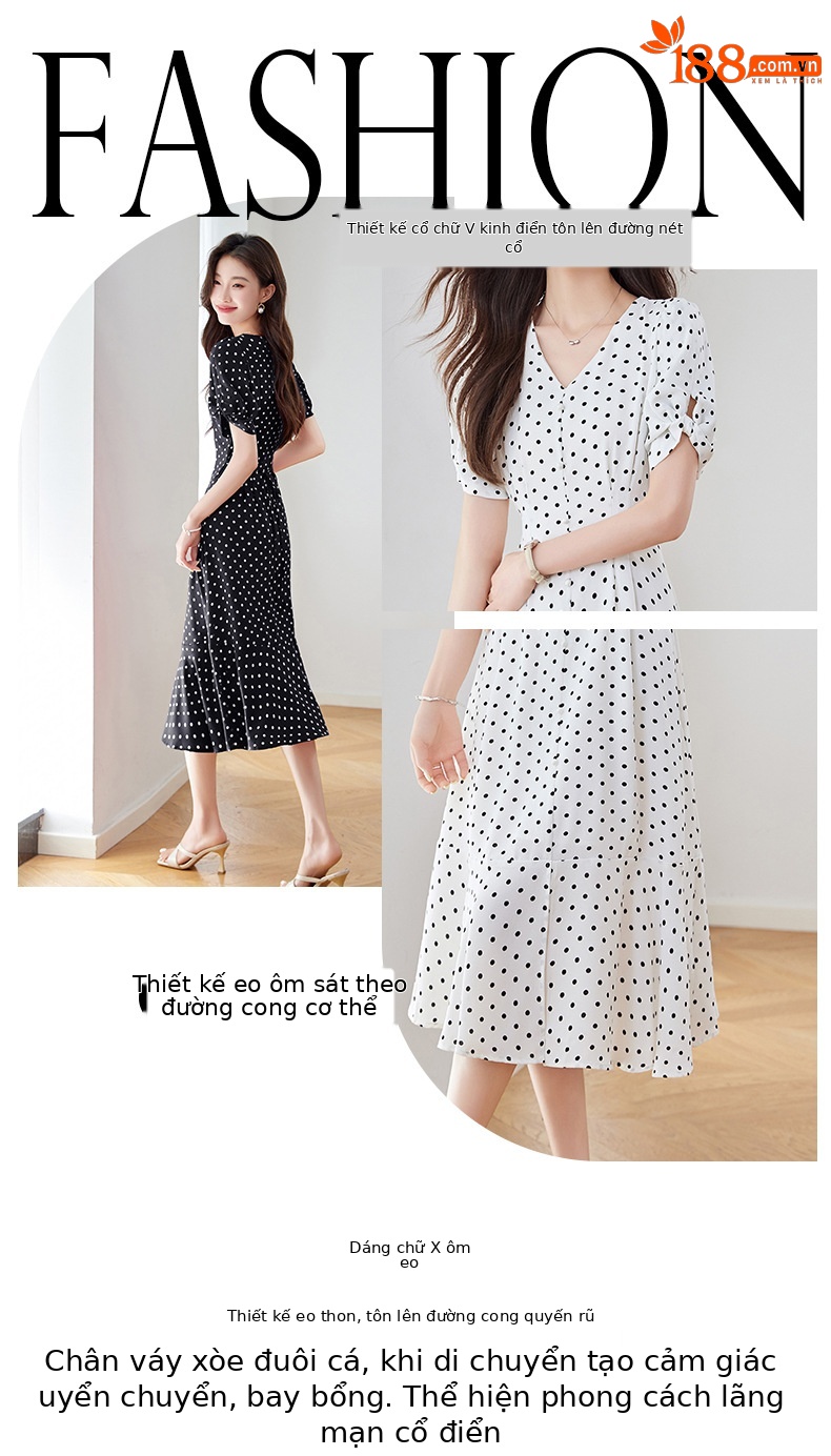 Váy liền chấm bi cổ chữ V dáng dài chiết eo thon gọn — Màu đen, Màu trắng, Màu đỏ chi tiết 2