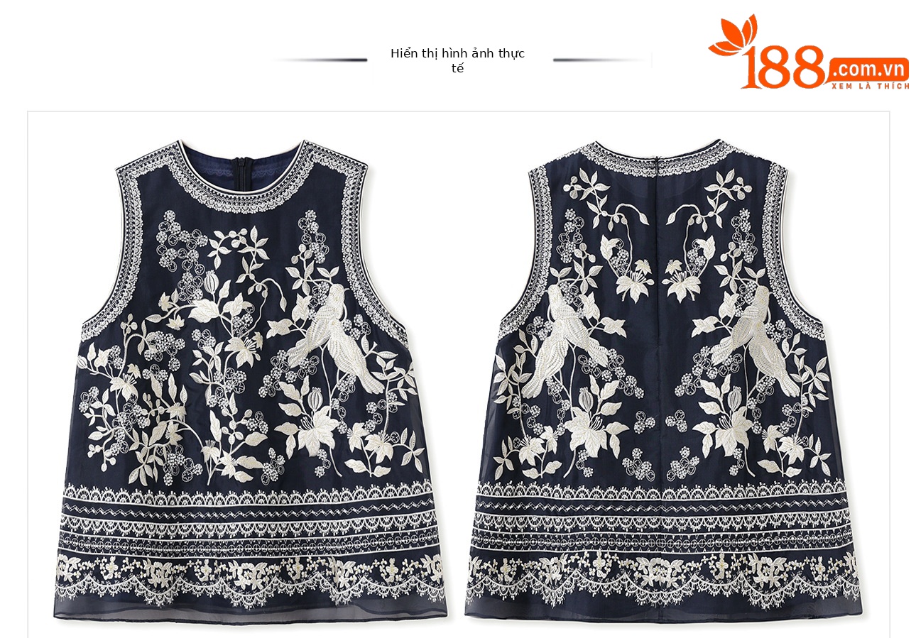 Áo vest cổ tròn không tay phong cách Trung Hoa đính hạt lụa tằm ZX N6013 — Màu xanh hải quân chi tiết 4