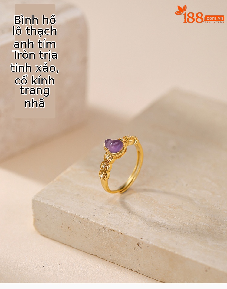 Nhẫn bạc S925 mạ vàng đính đá thạch anh tím hình bầu rỗng — Kiểu màu bạc chi tiết 1