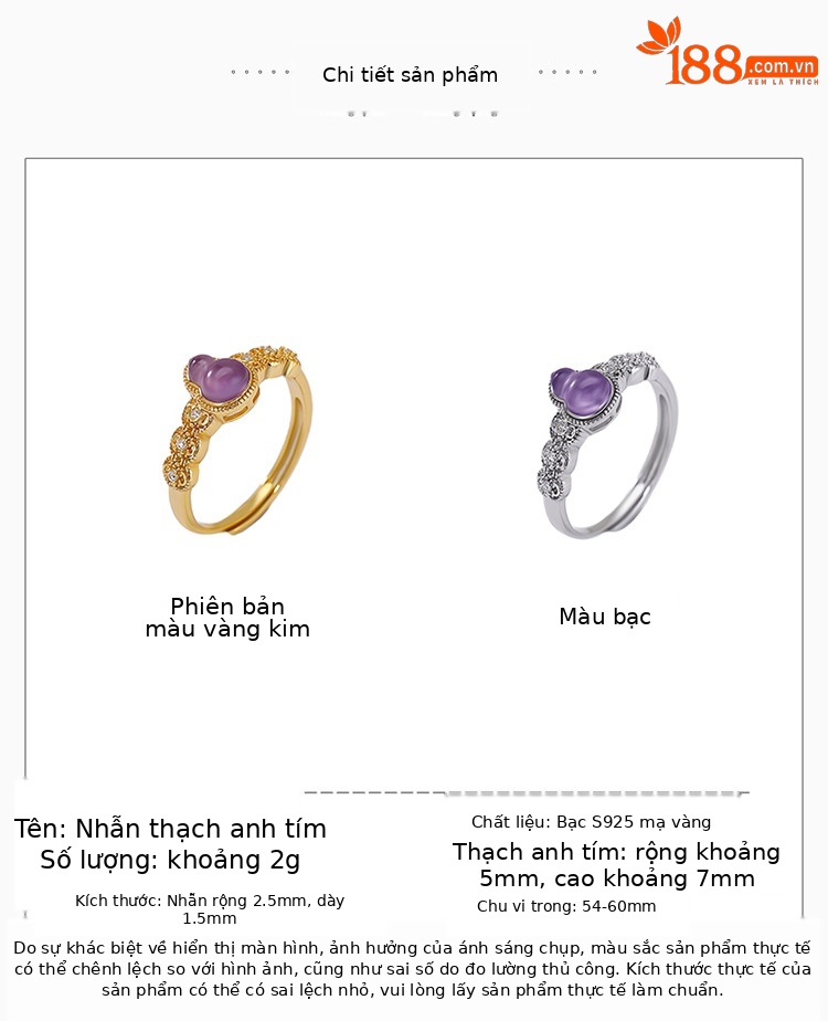 Nhẫn bạc S925 mạ vàng đính đá thạch anh tím hình bầu rỗng — Kiểu màu bạc chi tiết 2