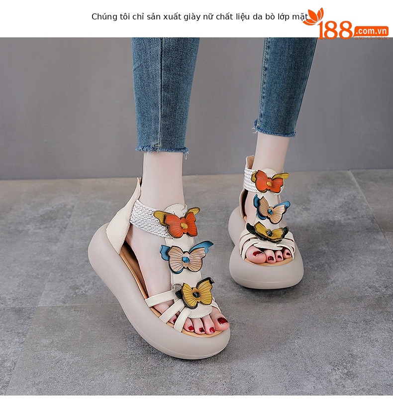 Sandal La Mã nữ đế dày da thật hở ngón — Màu trắng be chi tiết 2