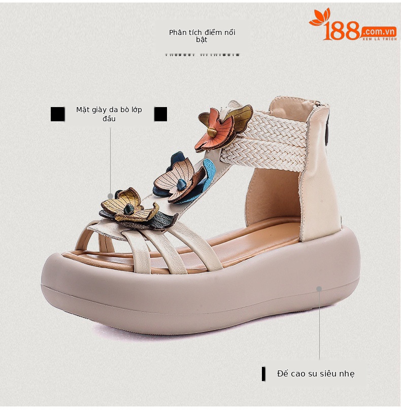 Sandal La Mã nữ đế dày da thật hở ngón — Màu trắng be chi tiết 3