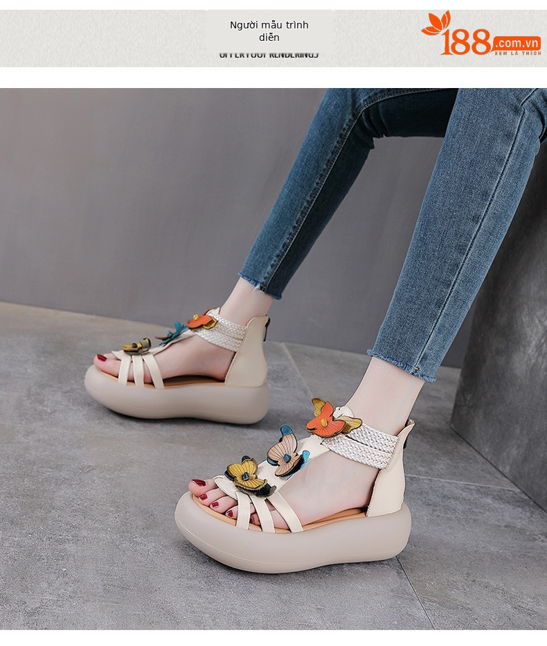 Sandal La Mã nữ đế dày da thật hở ngón — Màu trắng be chi tiết 9
