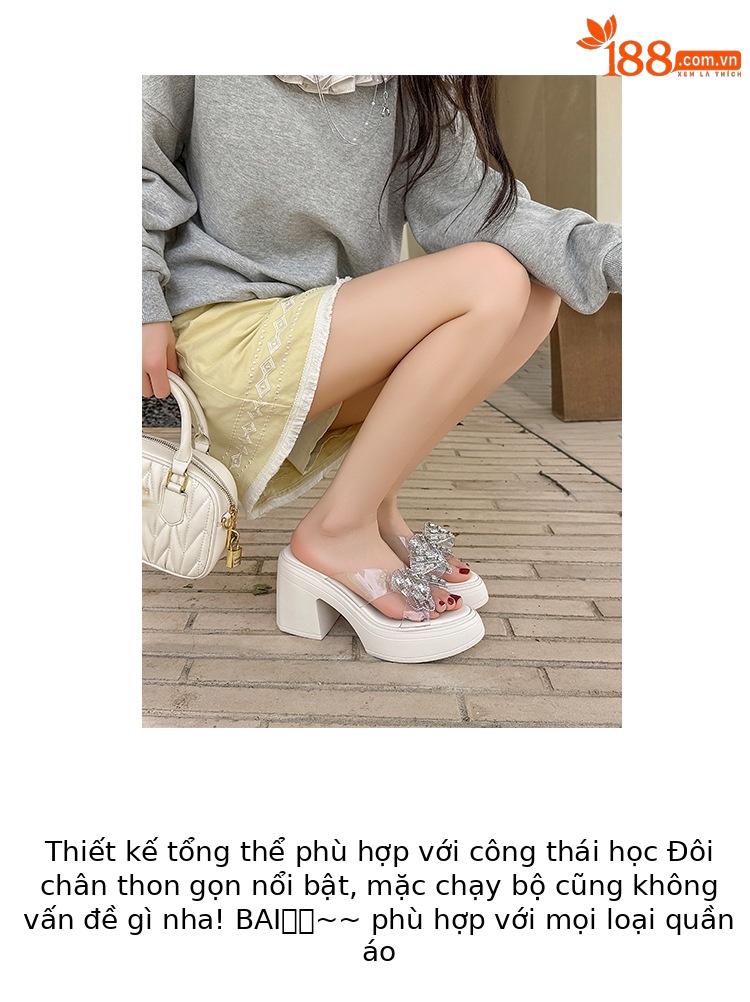Dép sandal cao gót nữ quai ngang gót thô 10cm đính nơ đá lấp lánh — Màu hồng, Màu trắng be chi tiết 2