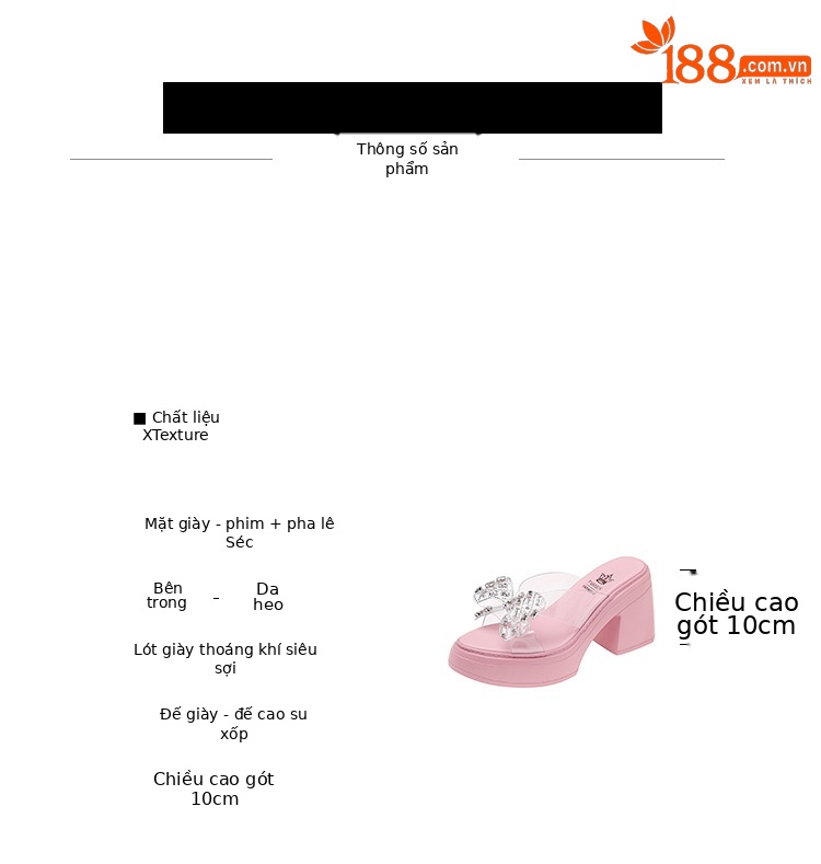 Dép sandal cao gót nữ quai ngang gót thô 10cm đính nơ đá lấp lánh — Màu hồng, Màu trắng be chi tiết 3