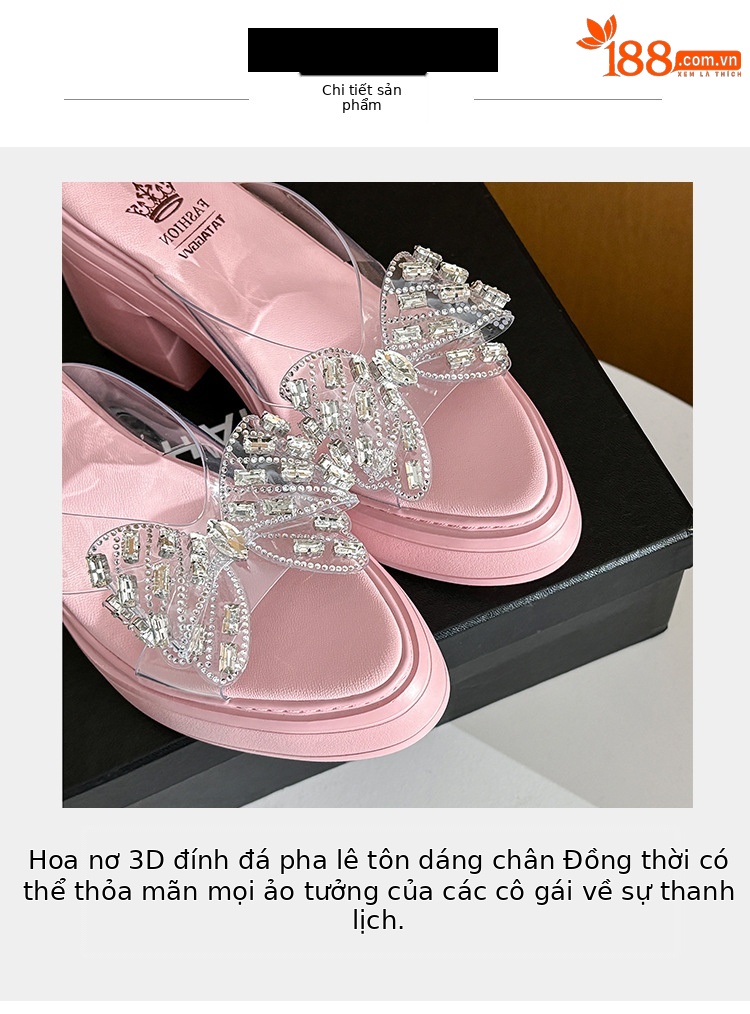 Dép sandal cao gót nữ quai ngang gót thô 10cm đính nơ đá lấp lánh — Màu hồng, Màu trắng be chi tiết 5