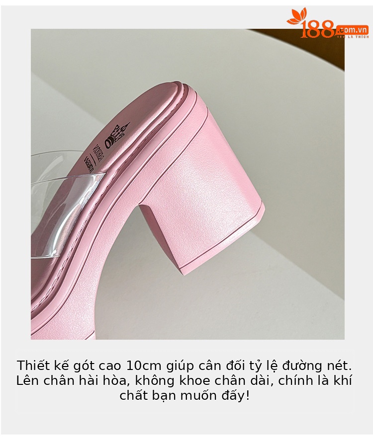 Dép sandal cao gót nữ quai ngang gót thô 10cm đính nơ đá lấp lánh — Màu hồng, Màu trắng be chi tiết 7