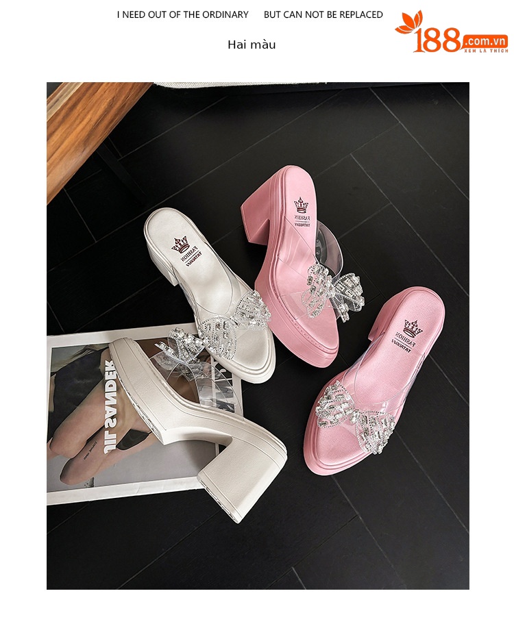 Dép sandal cao gót nữ quai ngang gót thô 10cm đính nơ đá lấp lánh — Màu hồng, Màu trắng be chi tiết 9