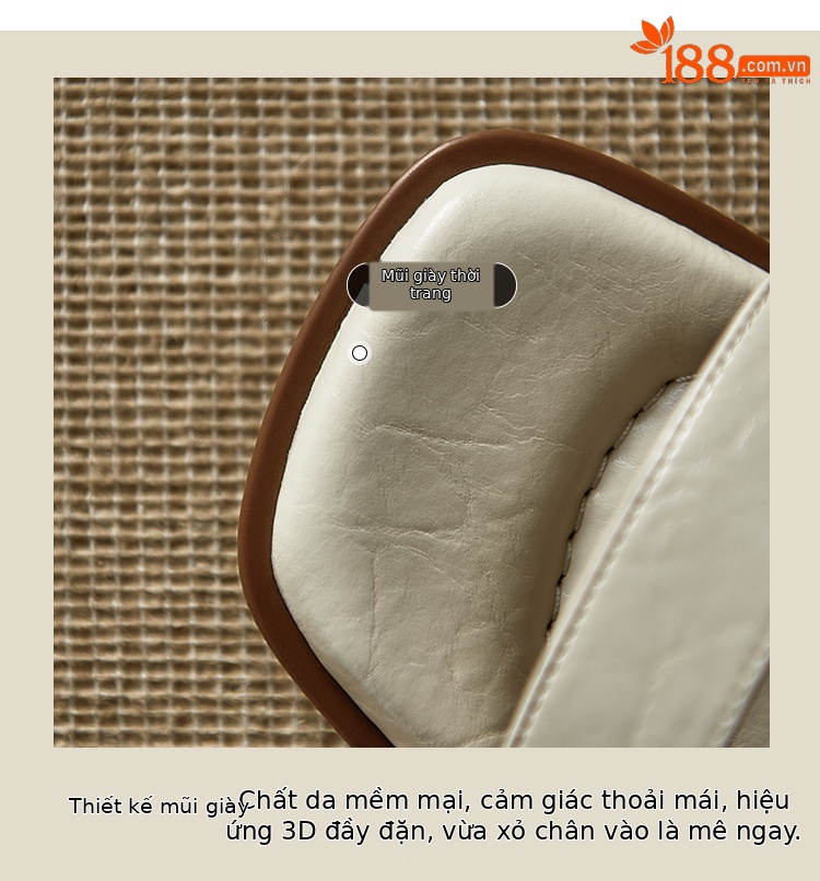 Sandal quai ngang nữ gót thô da thật kiểu Pháp, đế mềm hở ngón — Màu đen, Màu trắng be chi tiết 4