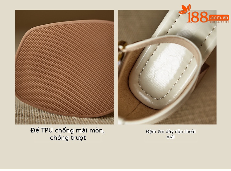 Sandal quai ngang nữ gót thô da thật kiểu Pháp, đế mềm hở ngón — Màu đen, Màu trắng be chi tiết 6