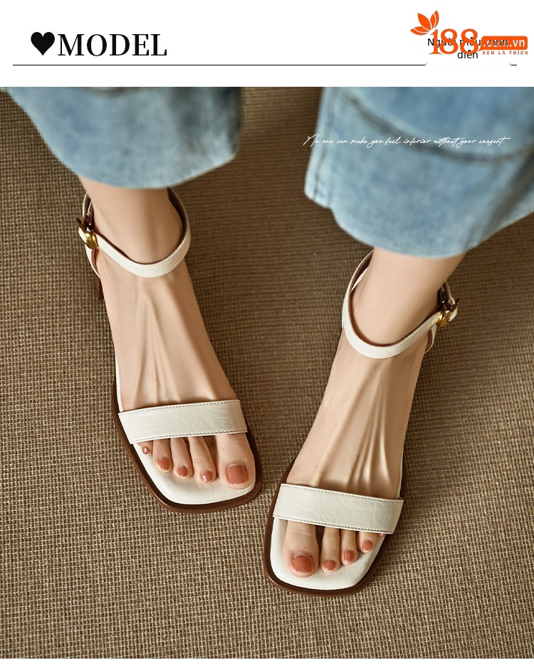 Sandal quai ngang nữ gót thô da thật kiểu Pháp, đế mềm hở ngón — Màu đen, Màu trắng be chi tiết 8